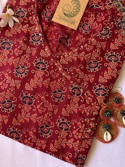 Alternative view of Hand Block Printed Maroon Ajrakh Angrakha Cotton Kurta - S